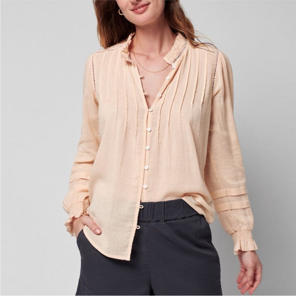 $158 Faherty Willa Organic Cotton Ruffled Pintucked Blouse Size XS